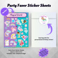 Load image into Gallery viewer, This image shows the magical world sticker sheet included as a party favor, the cellophane bag, and the personalized paper thank you sticker.
