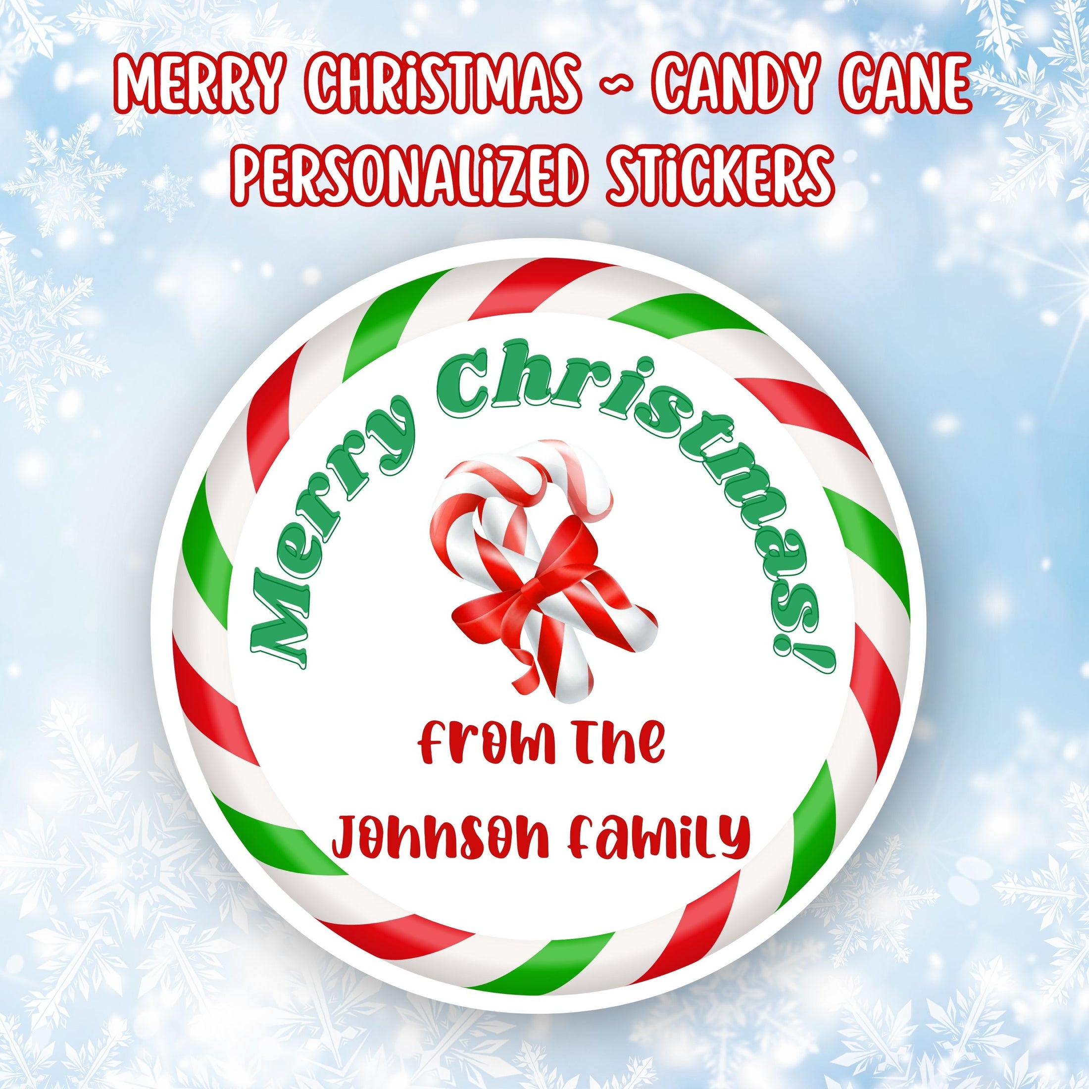 This cover page shows the personalized holiday sticker on a snowflake background.