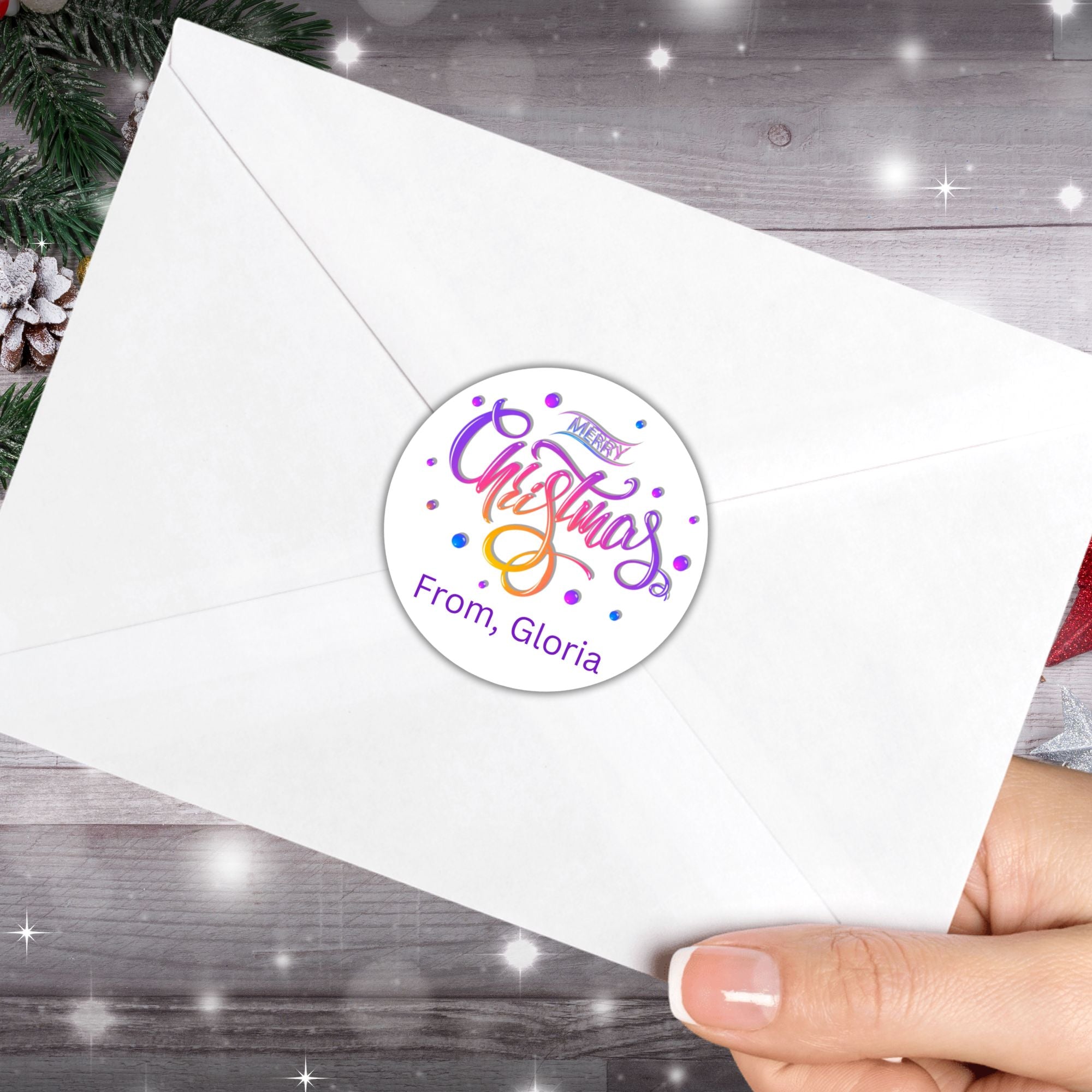 This image shows the Personalized Holiday Stickers - Merry Christmas Purple on the back of an envelope.