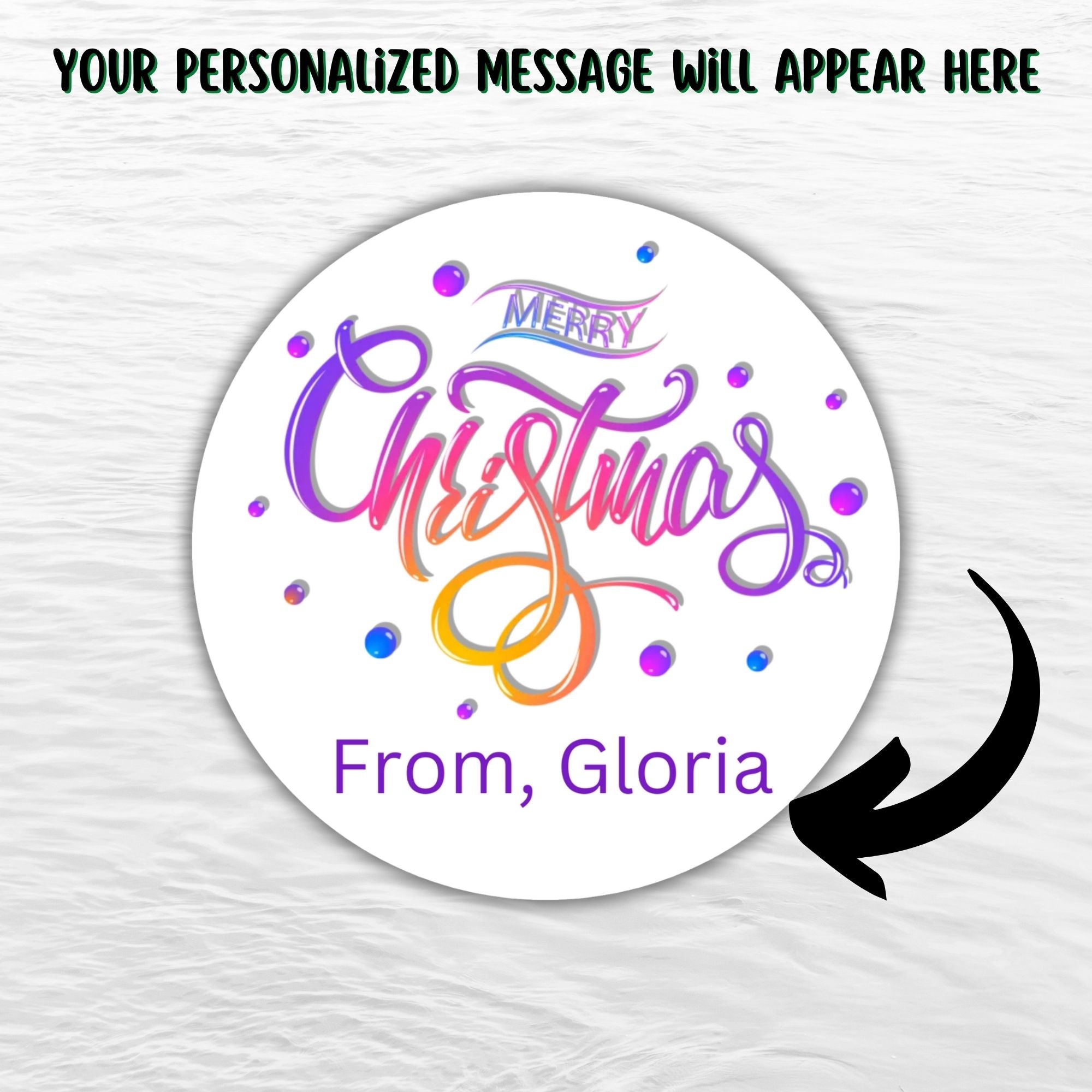 This image shows where your personalized message will be printed on the Personalized Holiday Stickers - Merry Christmas Purple.