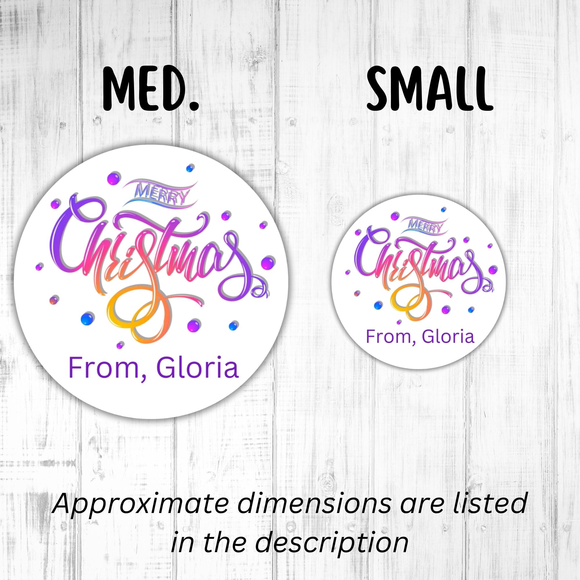 This image shows medium and small Personalized Holiday Stickers - Merry Christmas Purple next to each other.