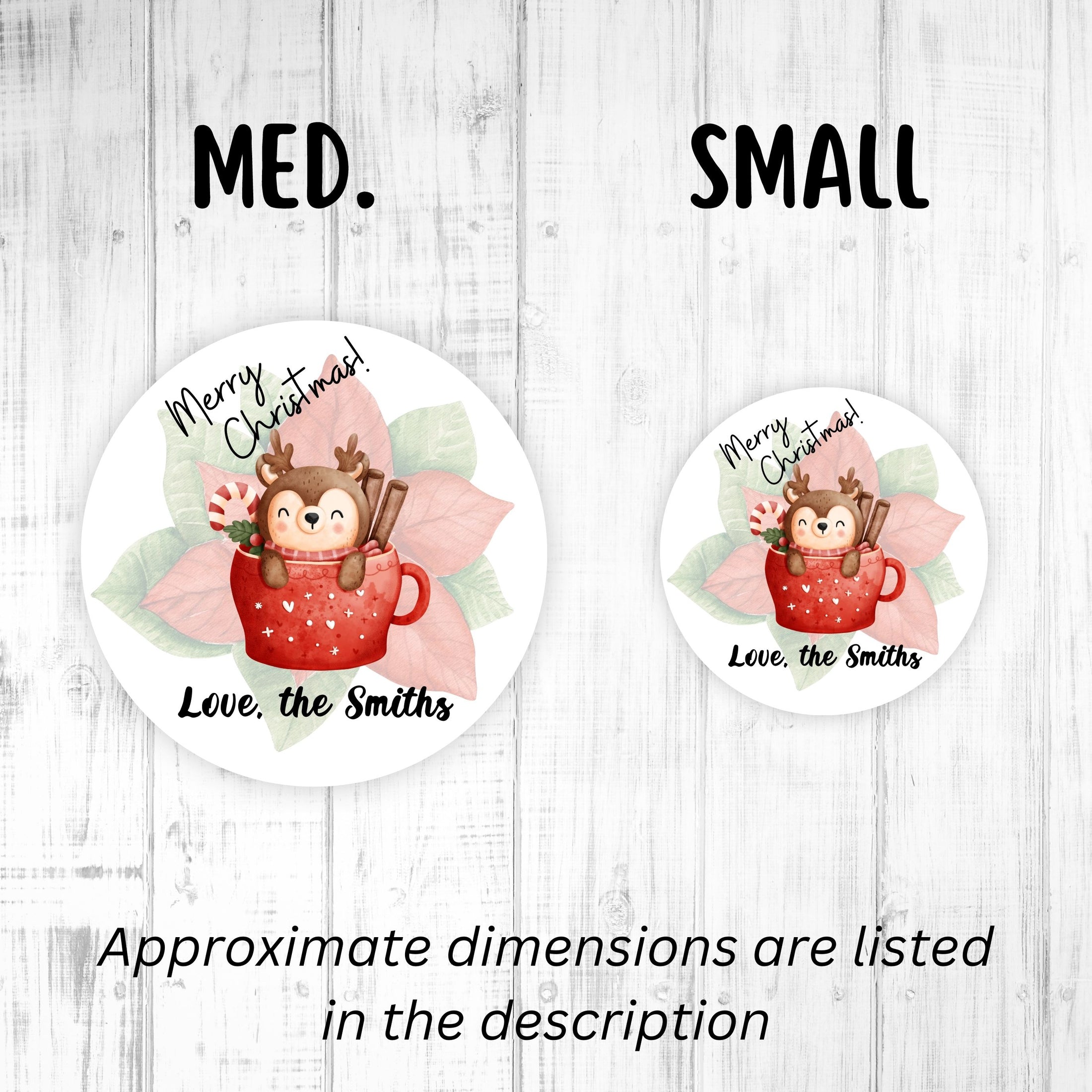 This image shows the medium and small holiday stickers side-by-side for a size comparison, and it says “Approximate dimensions are listed in the description.