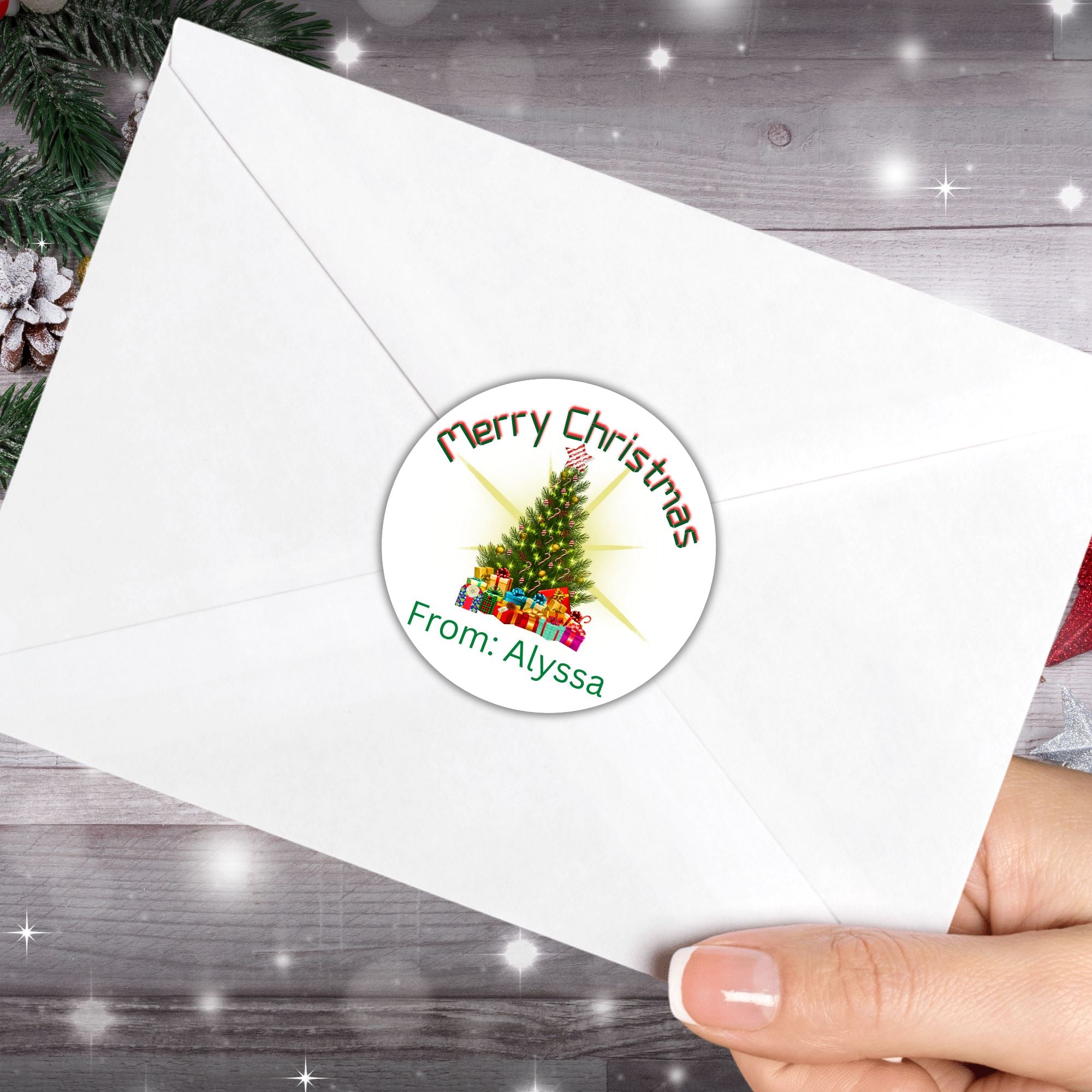 This image shows the Personalized Holiday Stickers - Merry Christmas Tree on the back of an envelope.