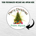 Load image into Gallery viewer, This image shows where your personalized message will be printed on the Personalized Holiday Stickers - Merry Christmas Tree.
