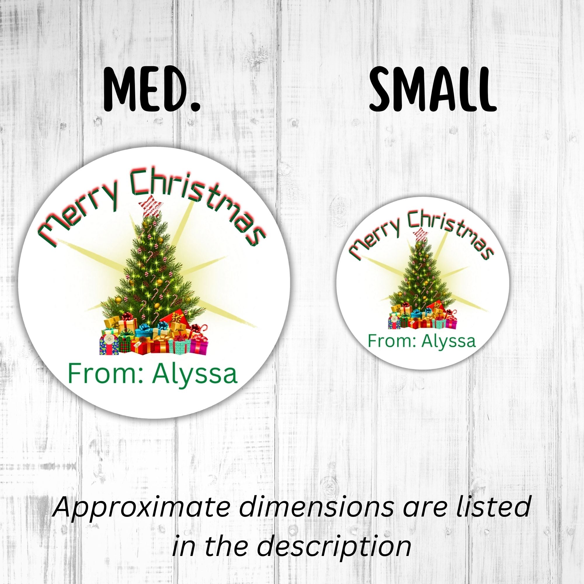 This image shows medium and small Personalized Holiday Stickers - Merry Christmas Tree next to each other.