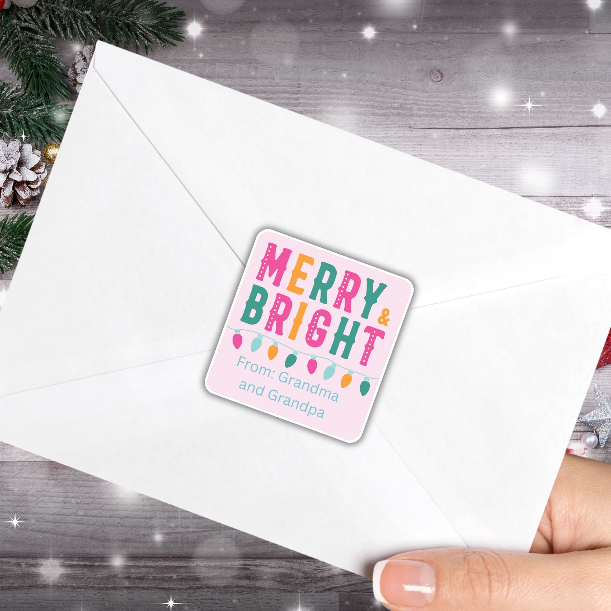 This image shows the Personalized Holiday Stickers - Merry & Bright on the back of an envelope.