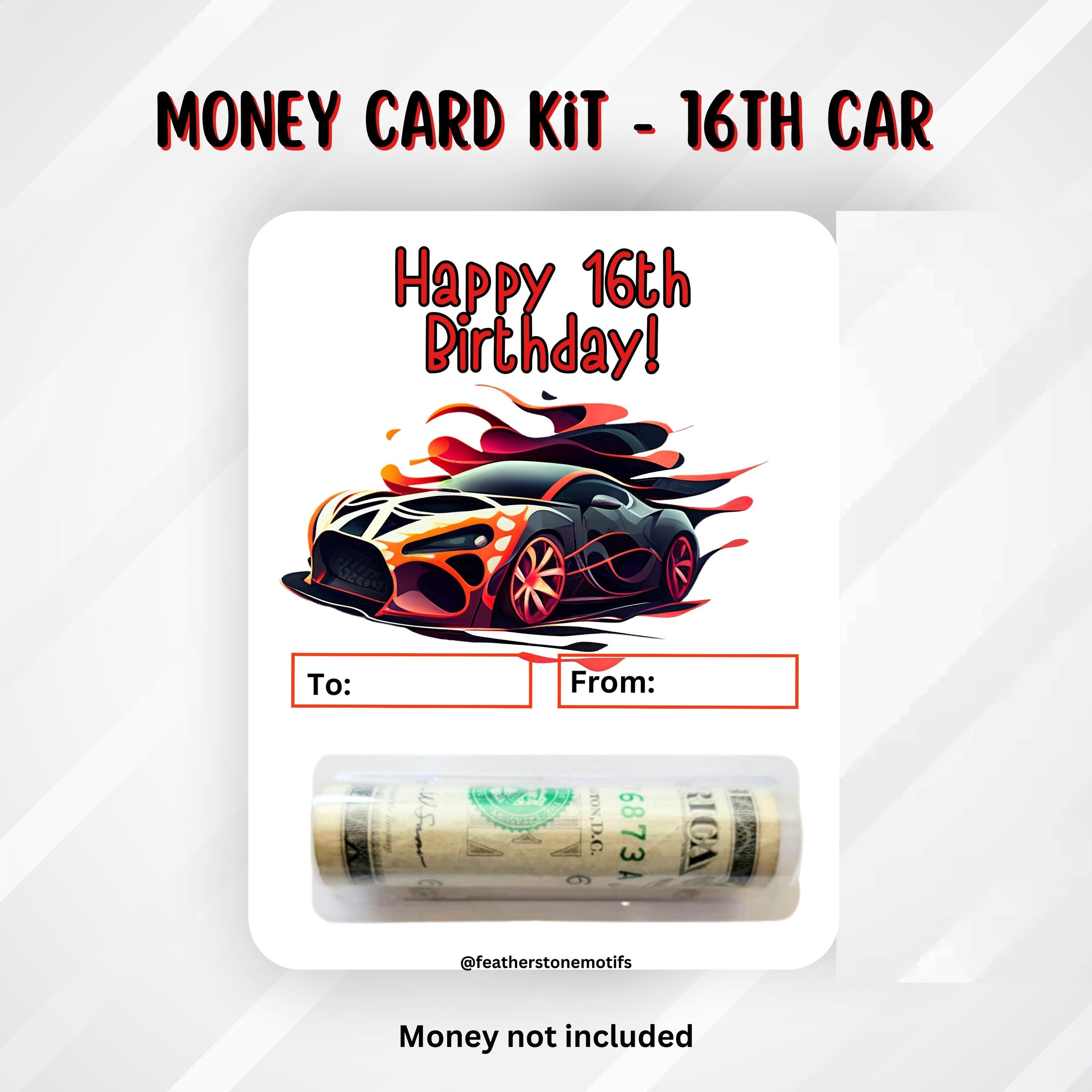 This image shows the money tube attached to the 16th Birthday Car Money Card.