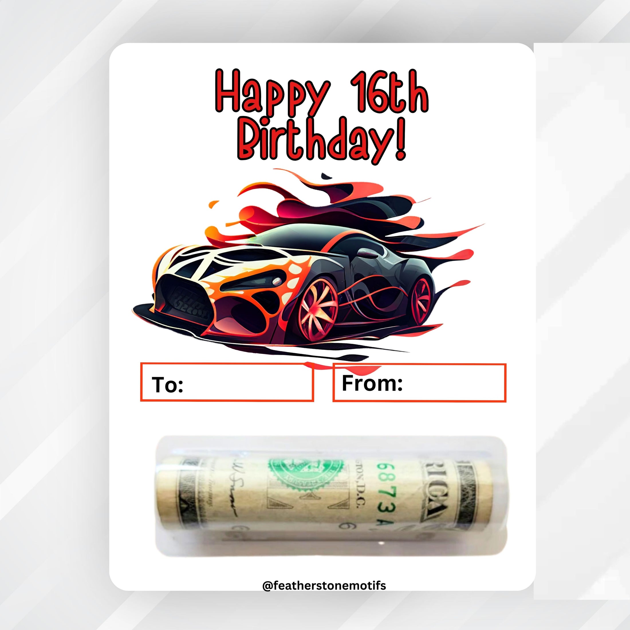 This image shows the money tube attached to the 16th Birthday Car Money Card.