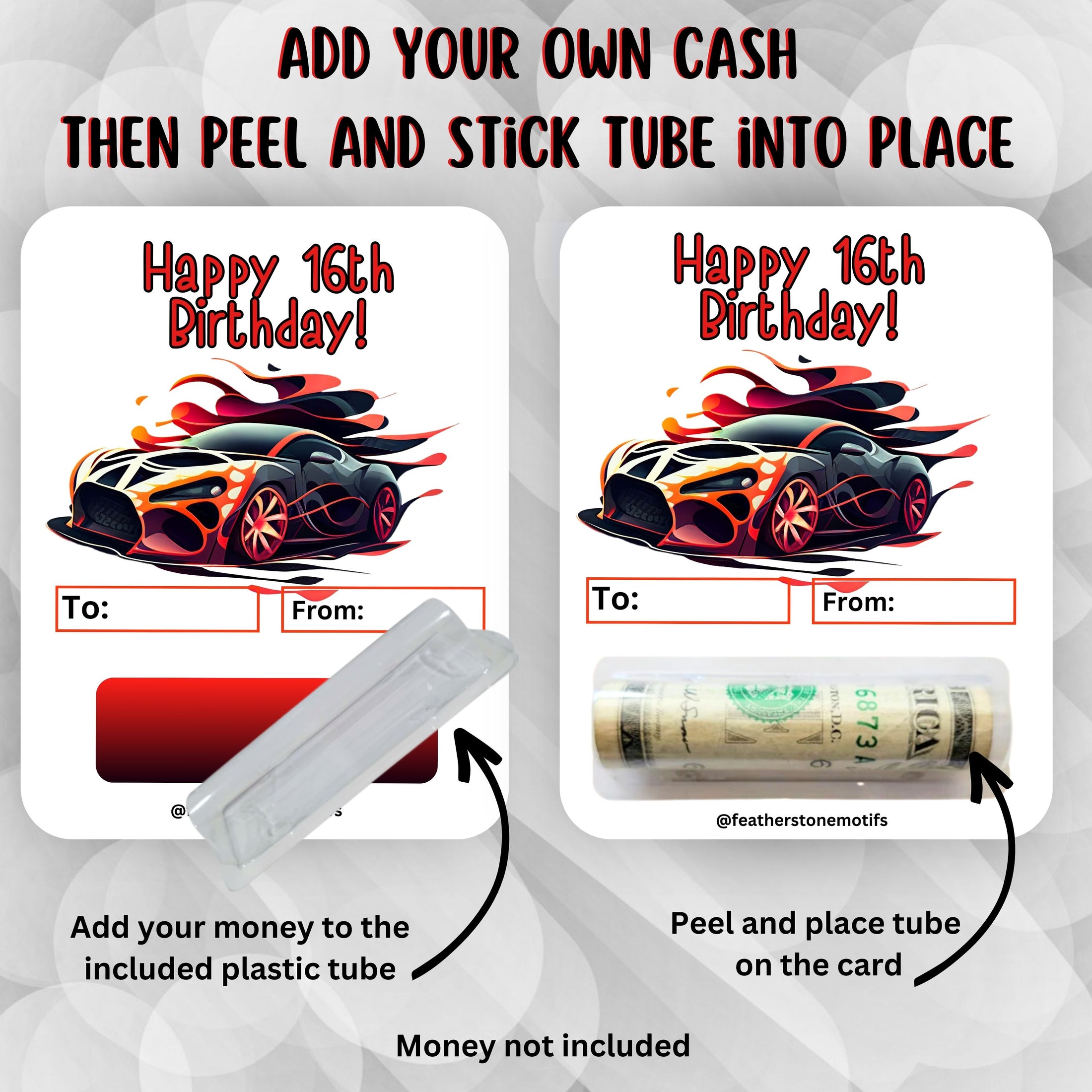 This image shows how to attach the money tube to the 16th Birthday Car Money Card.