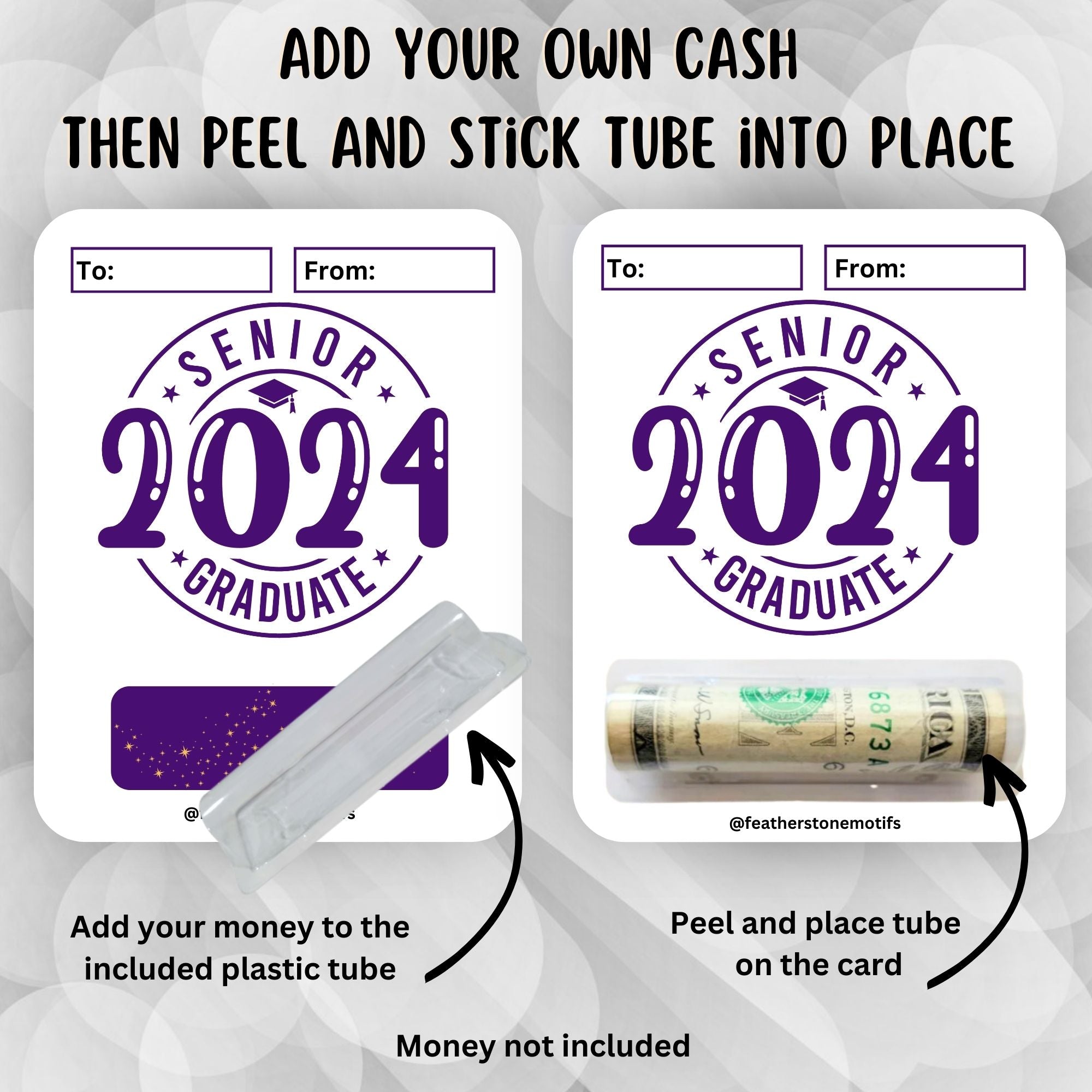 This image shows how to attach the money tube to the 2024 Graduate Money Card.