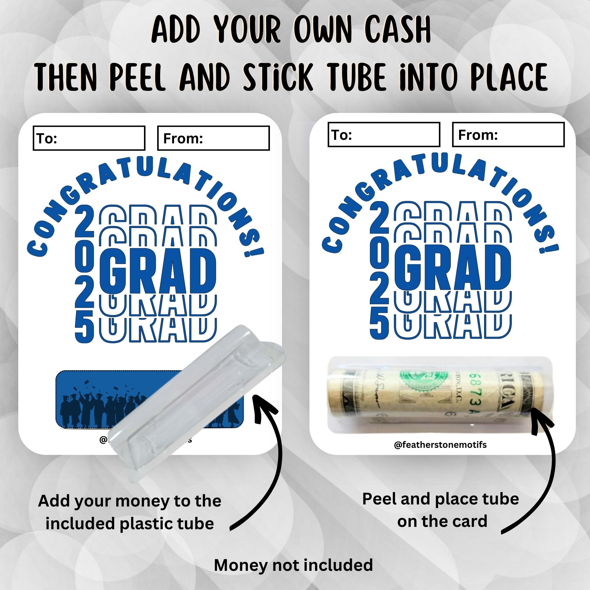 This image shows how to attach the money tube to the 2025 Grad Graduation Money Card Kit.