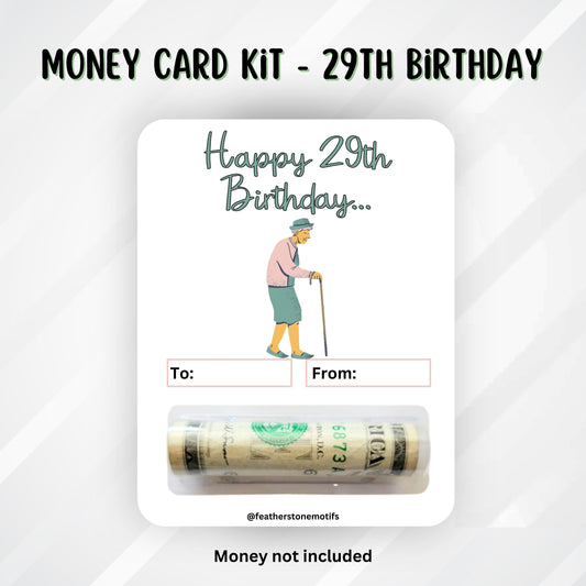This image shows the money tube attached to the 29th Birthday Money Card.