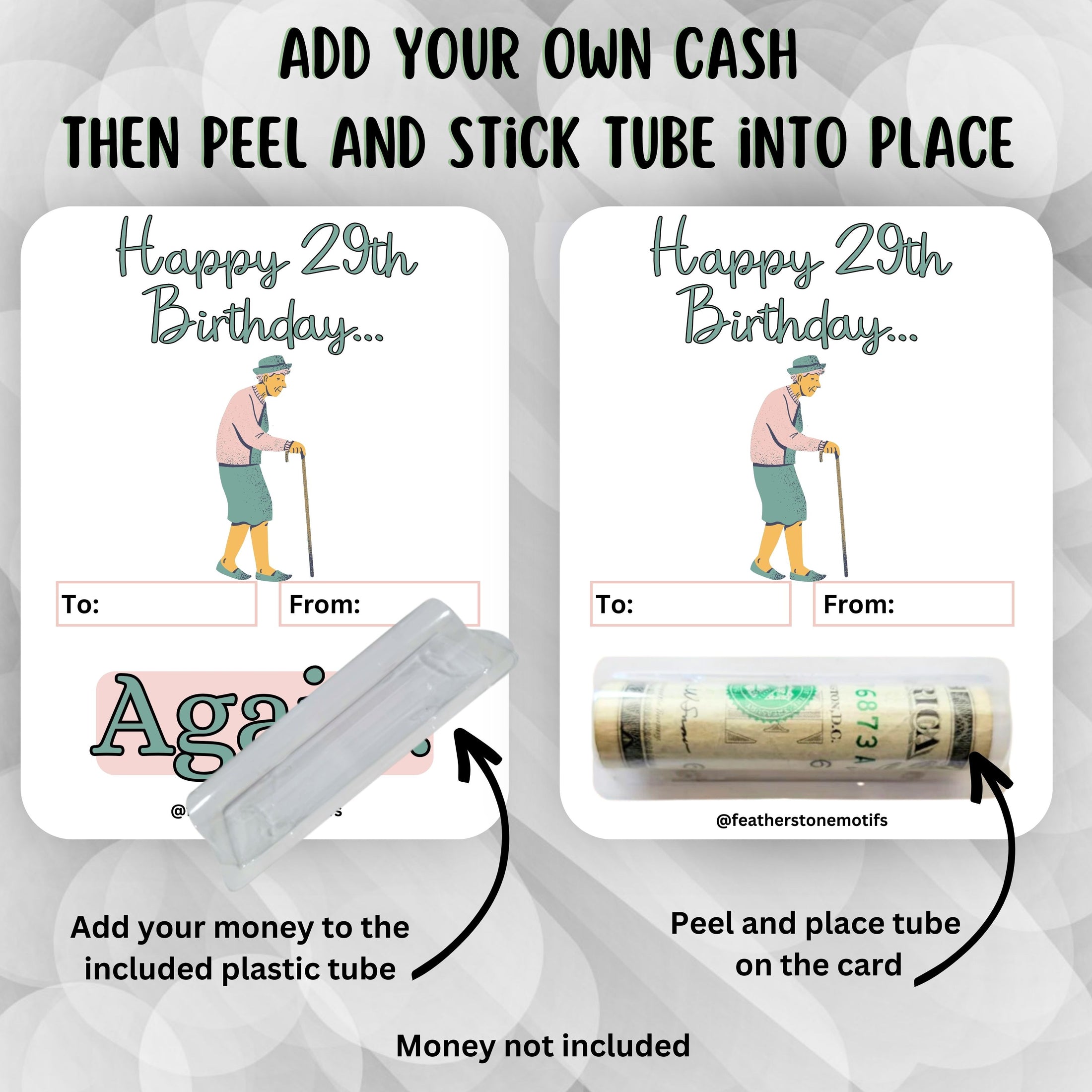 This image shows how to attach the money tube to the 29th Birthday Money Card.