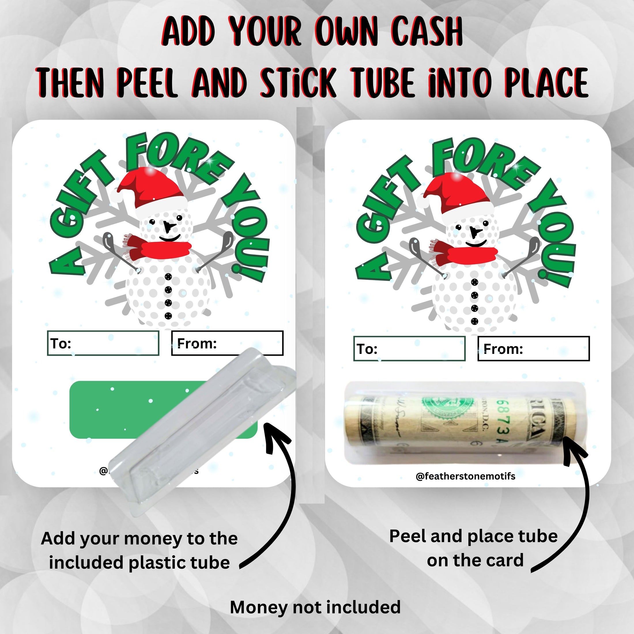 This image show how to attach the money tube to the Fore Snowman money card.