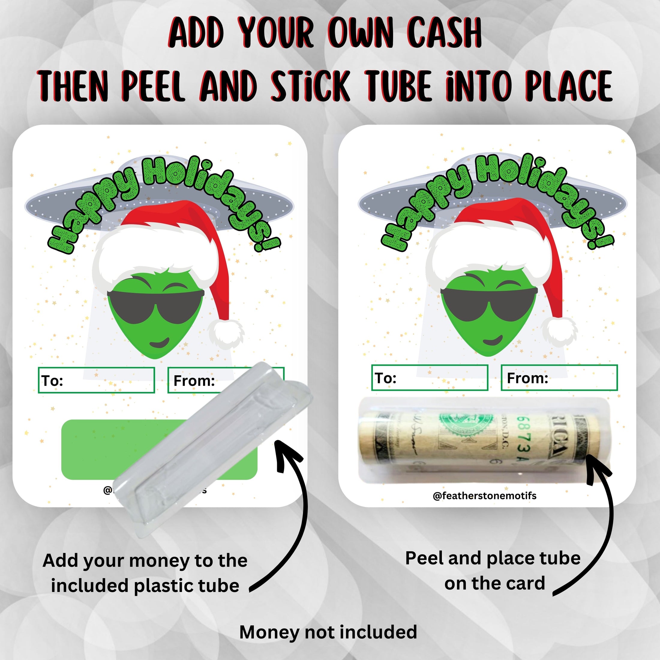 This image show how to attach the money tube to the Alien Holidays money card.