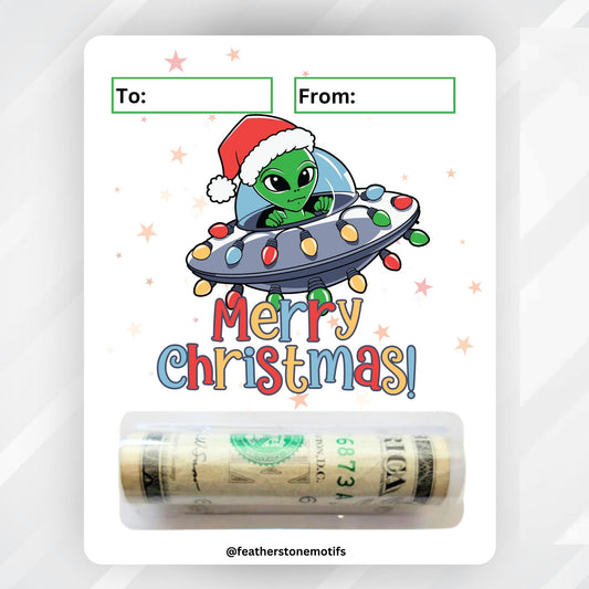 This image shows the money tube attached to the Alien Christmas Money Card.