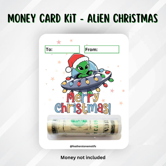 This image shows the money tube attached to the Alien Christmas Money Card.