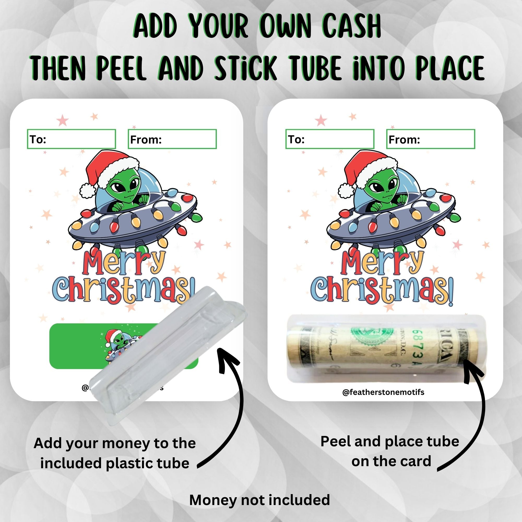 This image shows how to attach the money tube to the Alien Christmas Money Card.
