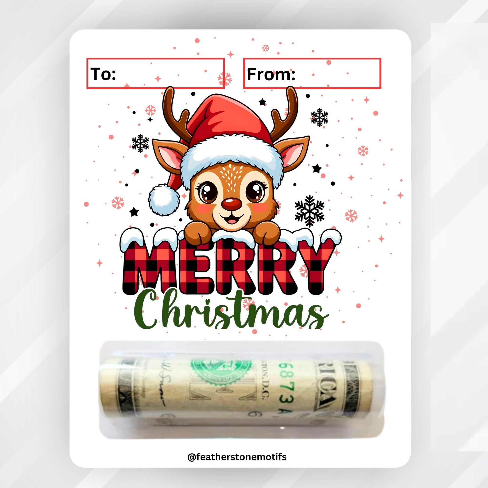 This image shows the money tube attached to the Baby Reindeer Money Card.