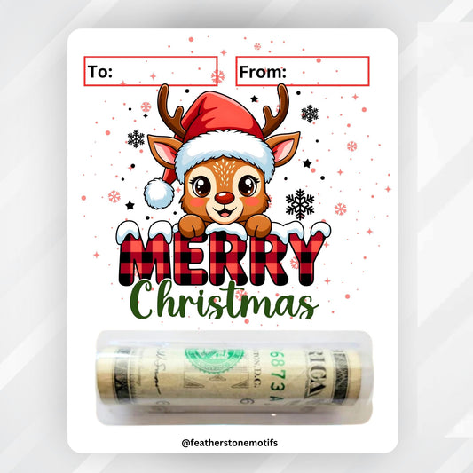 This image shows the money tube attached to the Baby Reindeer Money Card.
