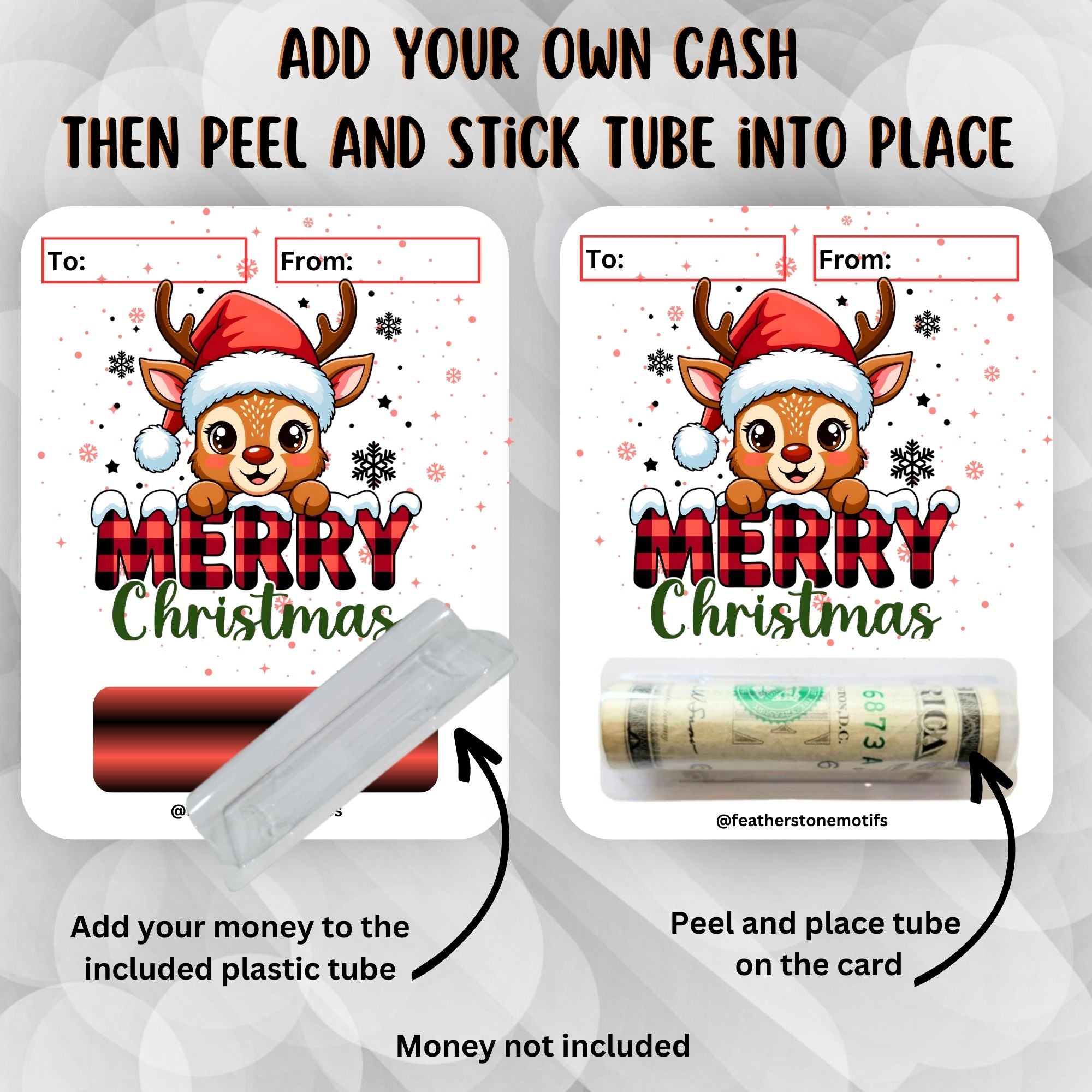 This image shows how to attach the money tube to the Baby Reindeer Money Card.