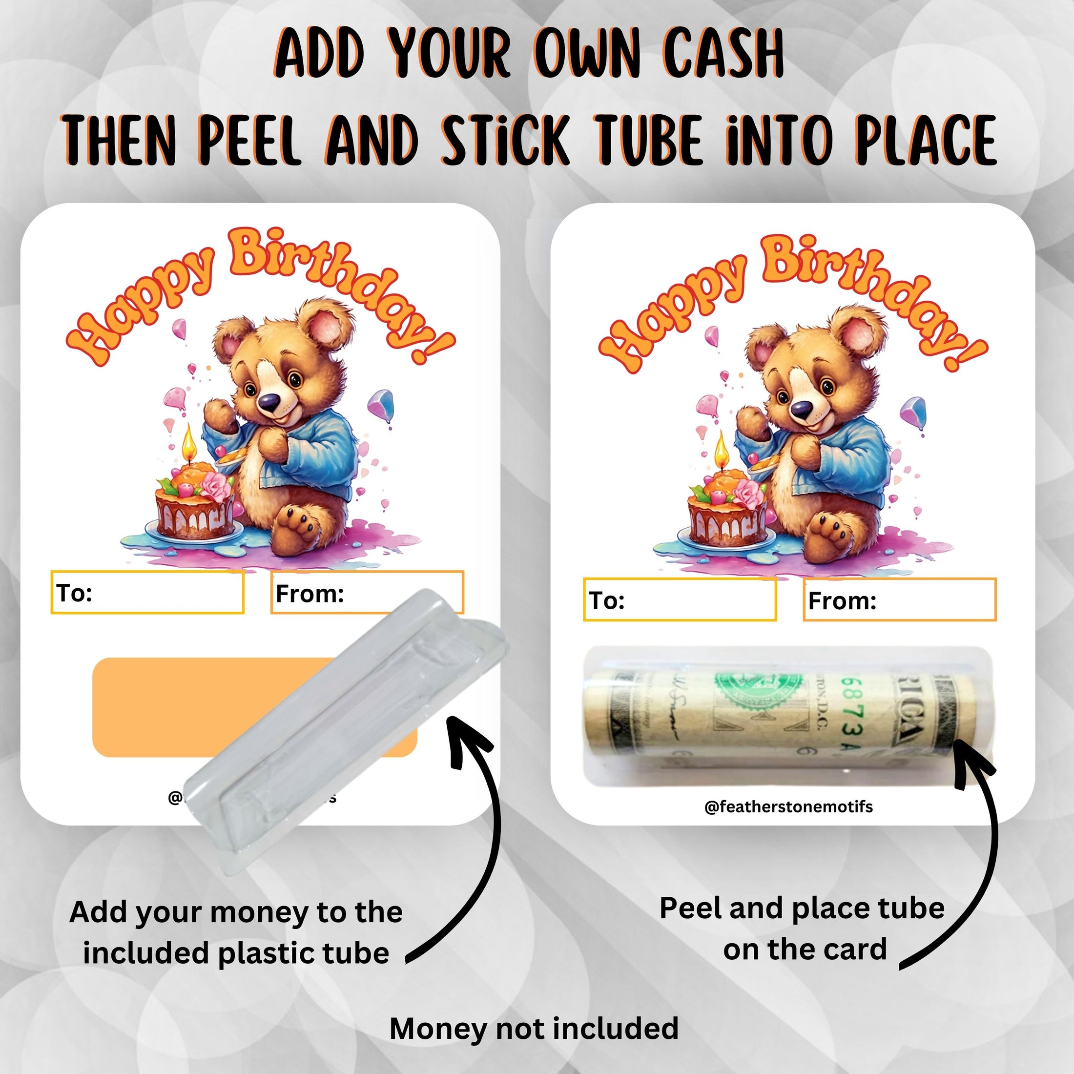 This image shows how to attach the money tube to the Bear Birthday money card.