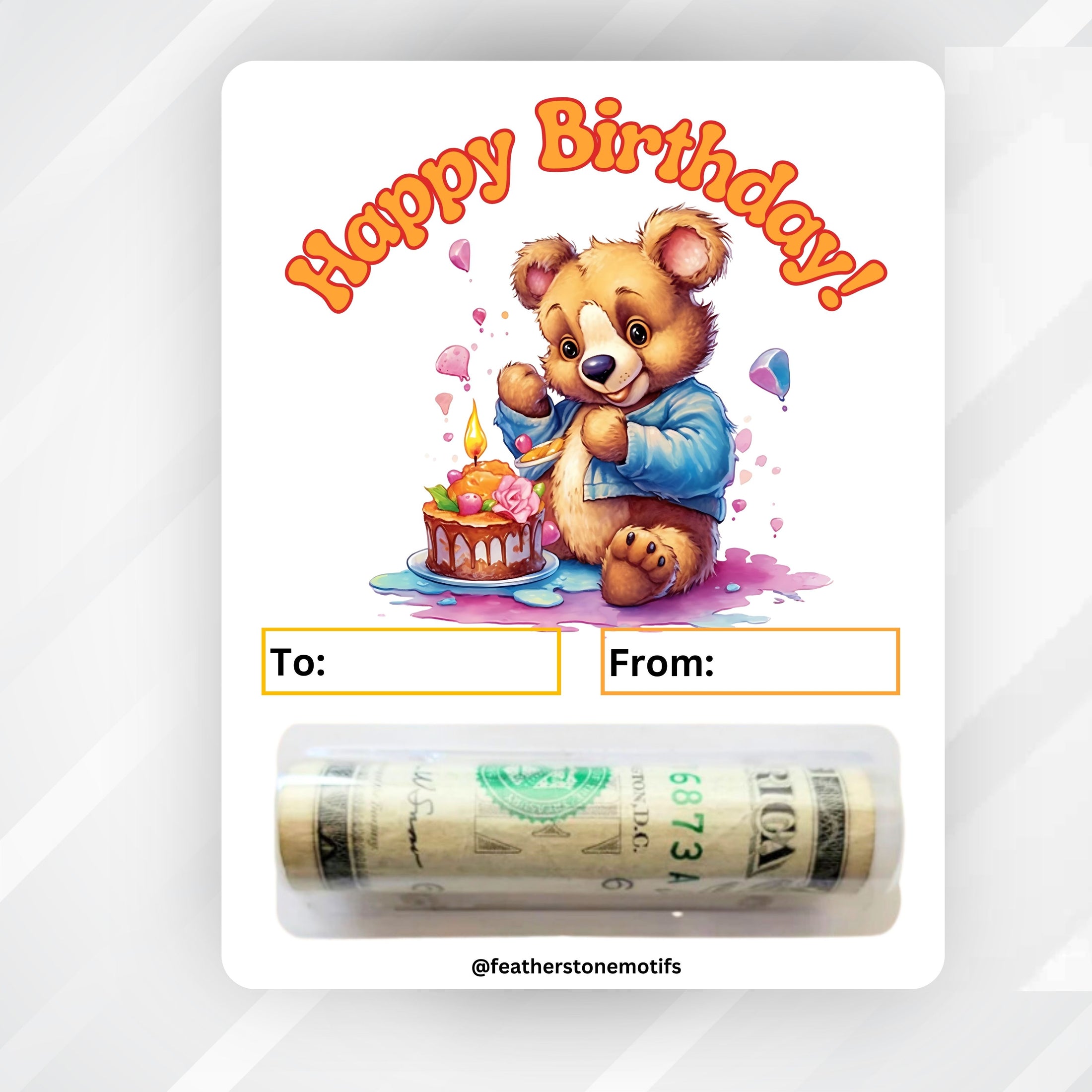This image show the money tube attached to the Bear Birthday money card.