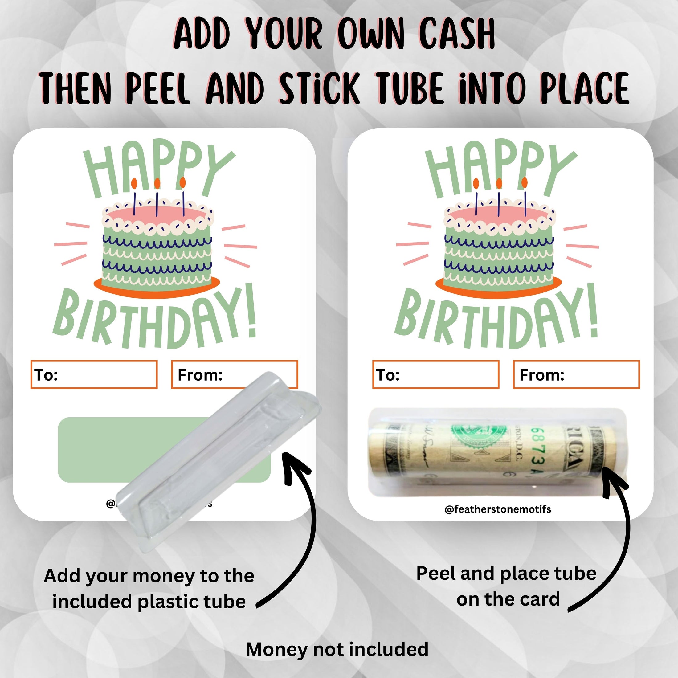 This image shows how to apply the money tube to the Birthday Cake 2 Money Card.