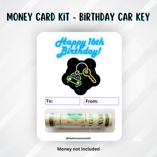 This image shows the money tube attached to the 16th Birthday Car Keys Money Card.