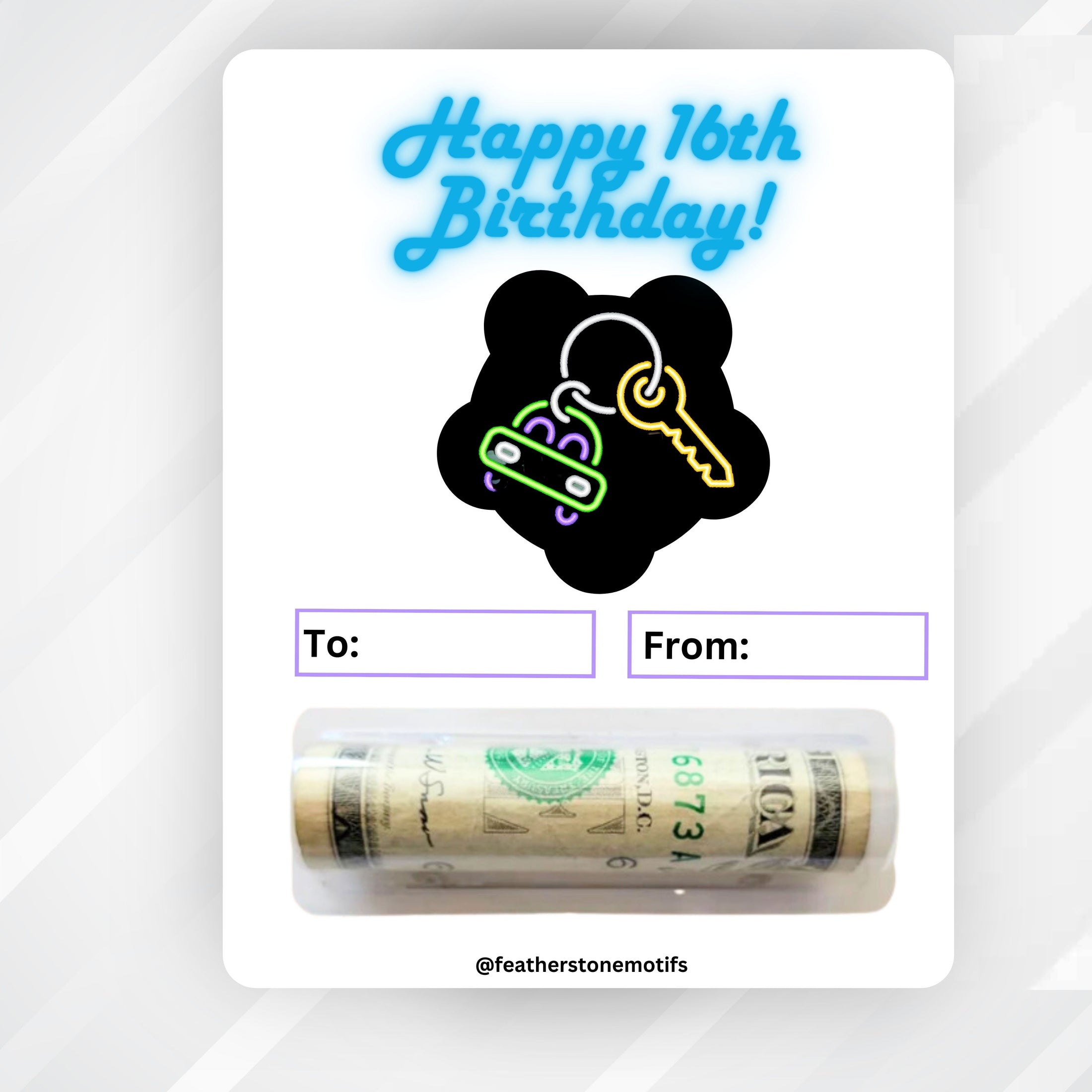 This image shows the money tube attached to the 16th Birthday Car Keys Money Card.