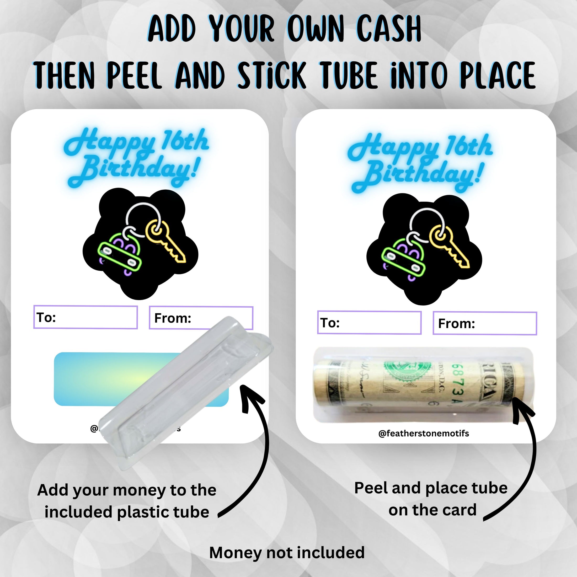 This image shows how to attach the money tube to the 16th Birthday Car Keys Money Card.