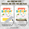 Load image into Gallery viewer, This image shows how to attach the money tube to the Birthday Celebration money card.
