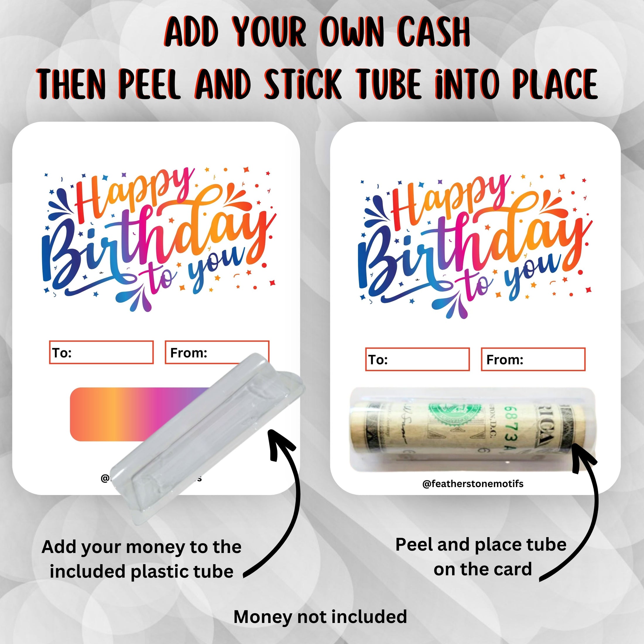 This image shows how to attach the money tube to the Birthday Colorful money card.