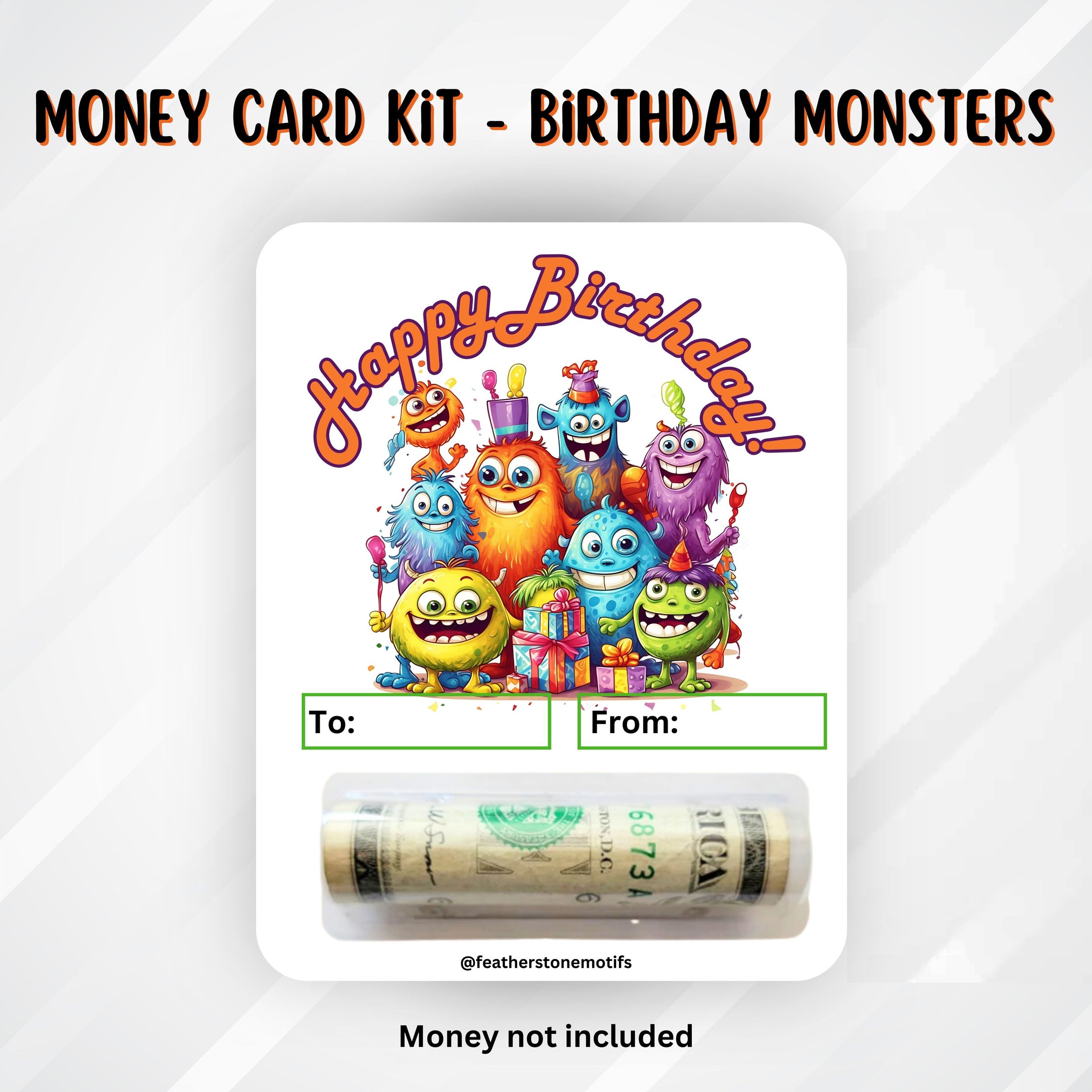 This image shows the money tube attached to the Birthday Monsters money card.