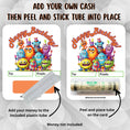 Load image into Gallery viewer, This image shows how to attach the money tube to the Birthday Monsters money card.
