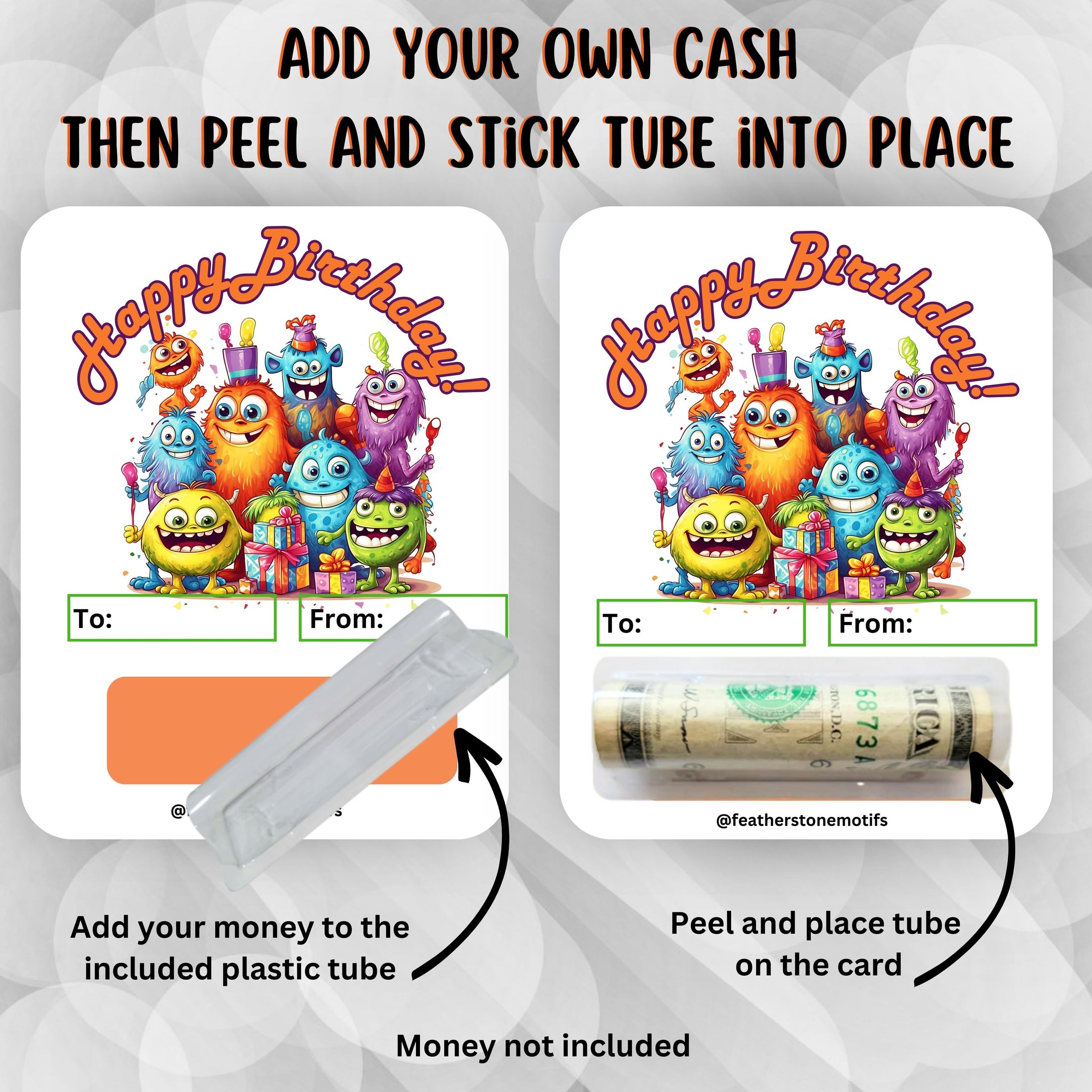 This image shows how to attach the money tube to the Birthday Monsters money card.