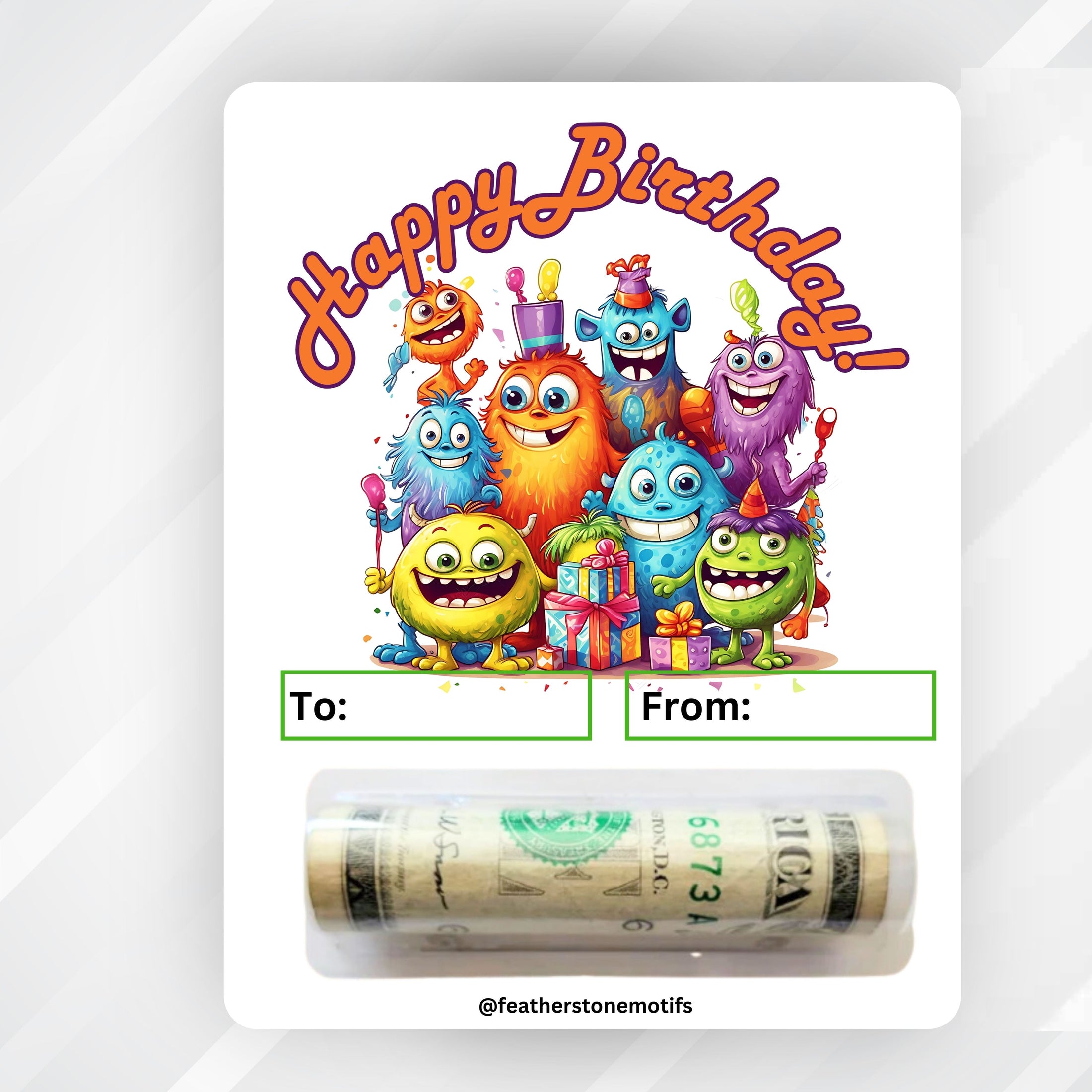 This image shows the money tube attached to the Birthday Monsters money card.