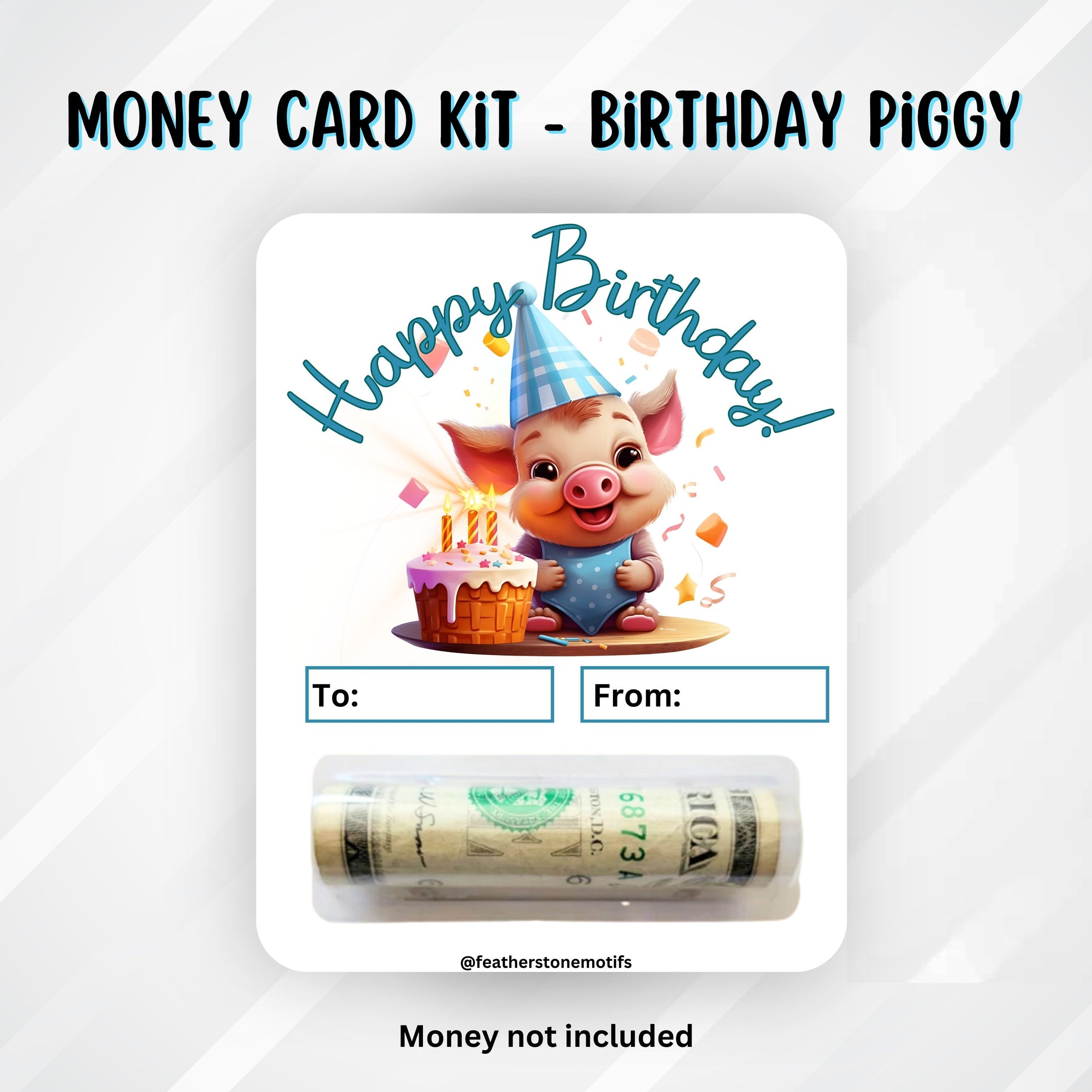 This image shows the money tube attached to the Piggy Birthday money card.