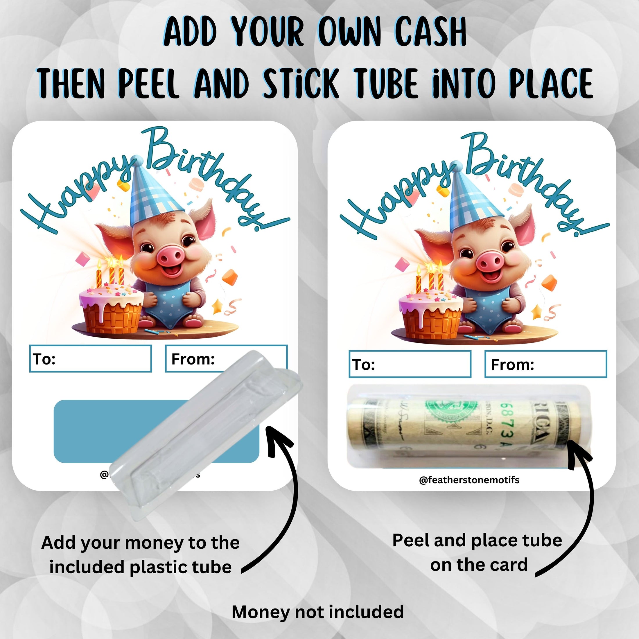 This image shows how to attach the money tube to the Piggy Birthday money card.