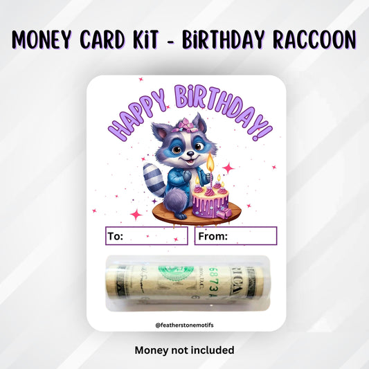 This image shows the money tube attached to the Raccoon Birthday money card.
