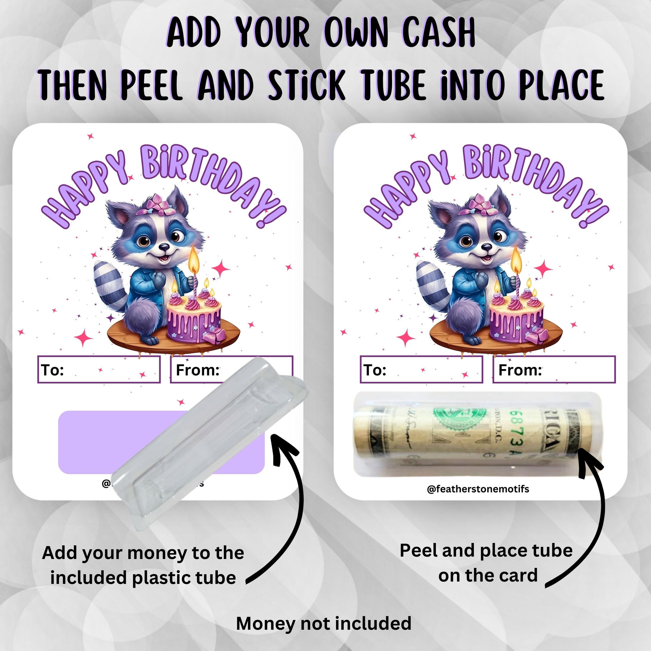 This image shows how to attach the money tube to the Raccoon Birthday money card.