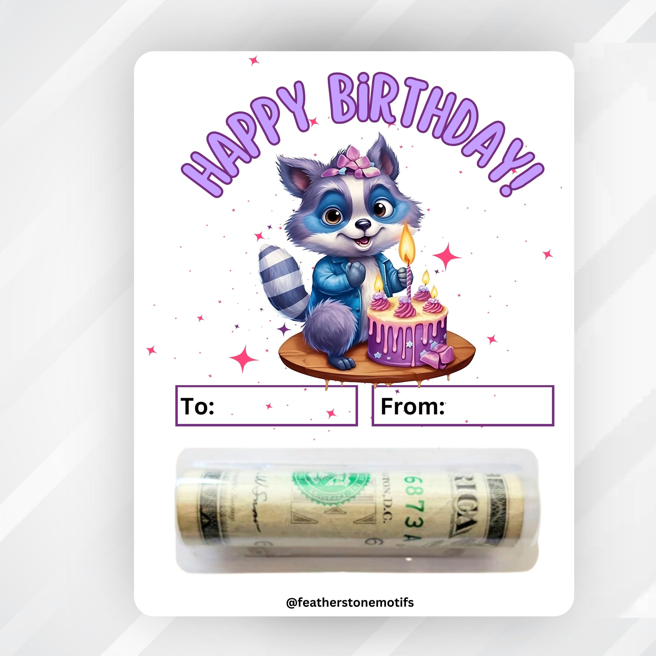 This image shows the money tube attached to the Raccoon Birthday money card.