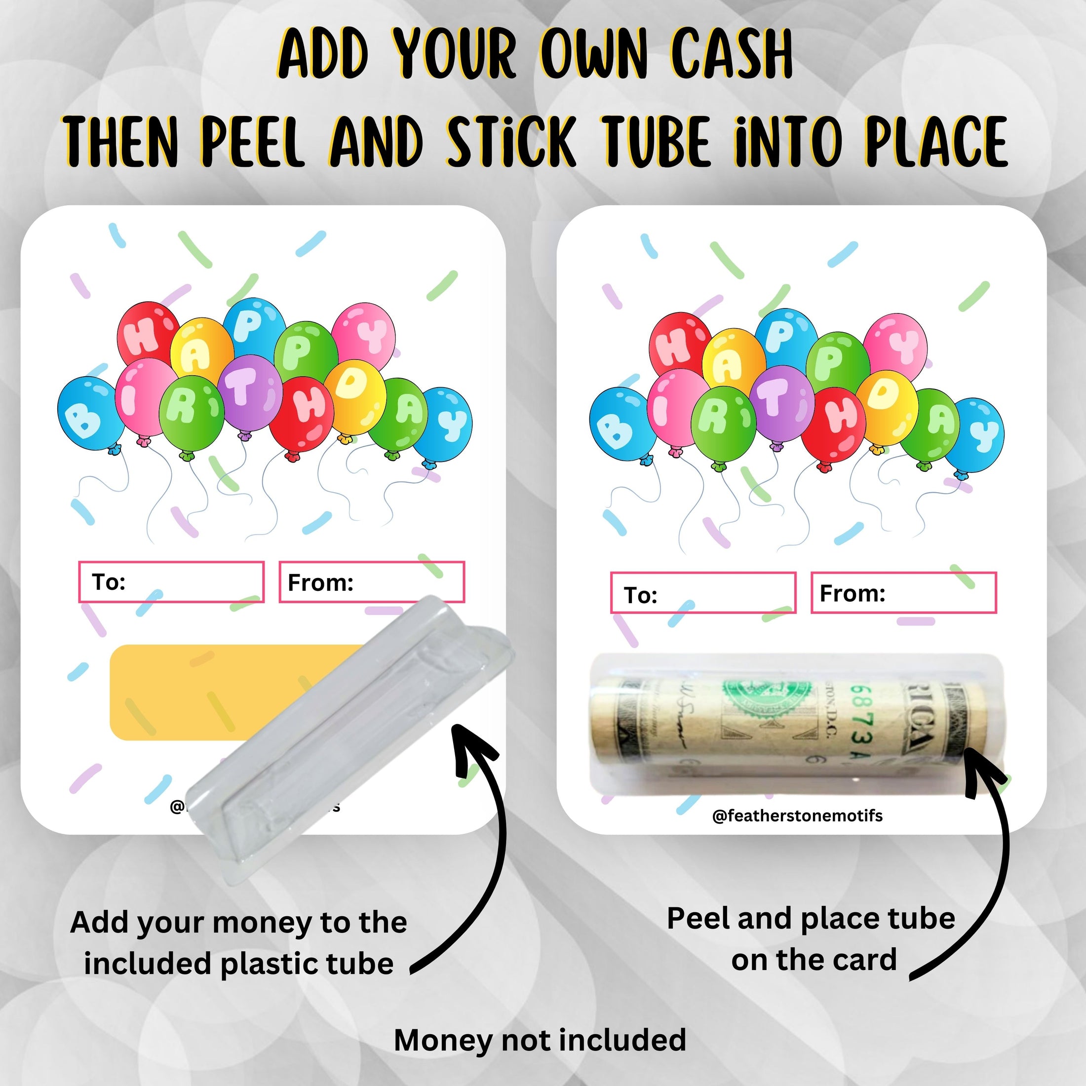 This image shows how to attach the money tube to the Birthday Balloons money card.