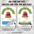 Load image into Gallery viewer, This image shows how to attach the money tube to the Birthday Cake money card.
