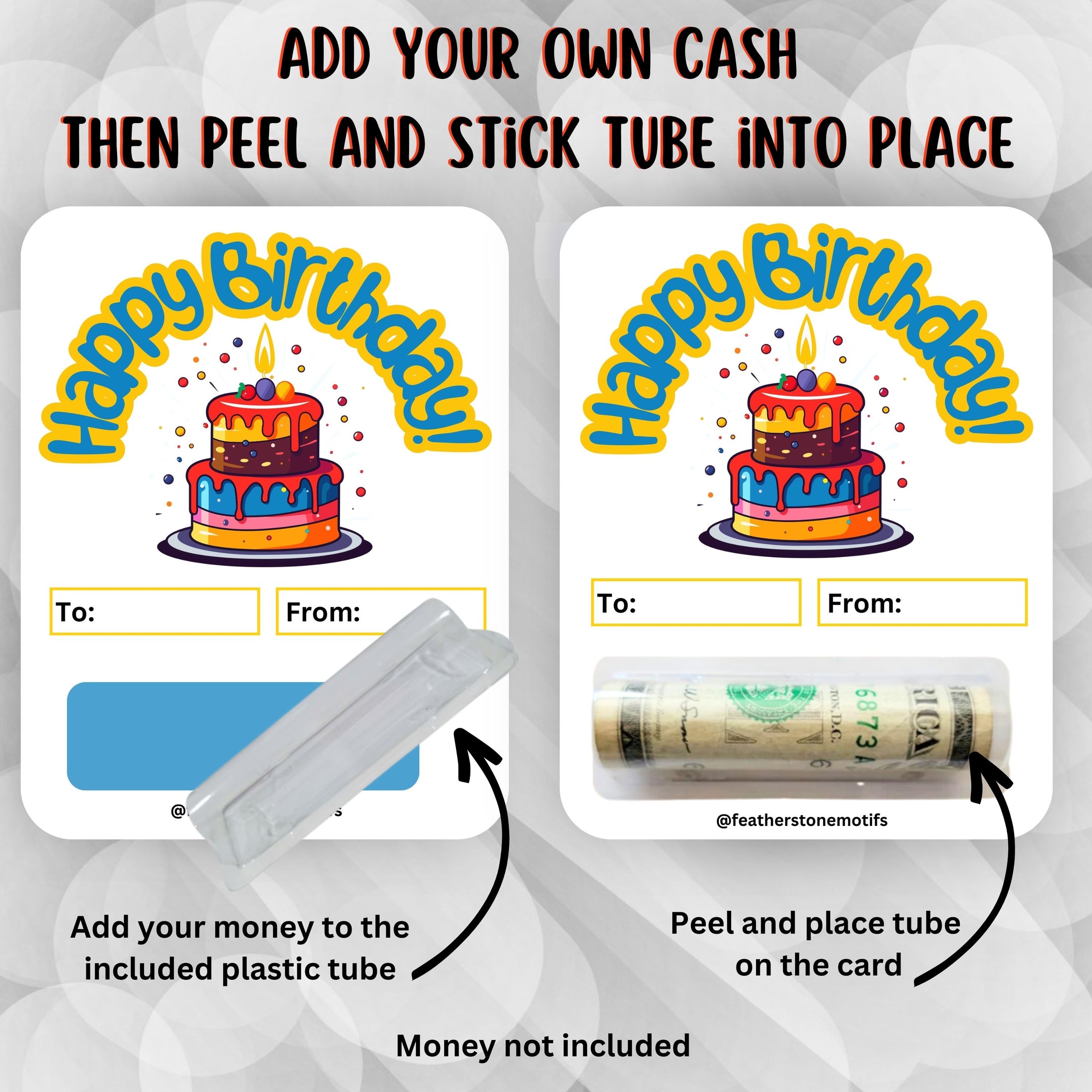 This image shows how to attach the money tube to the Birthday Cake money card.