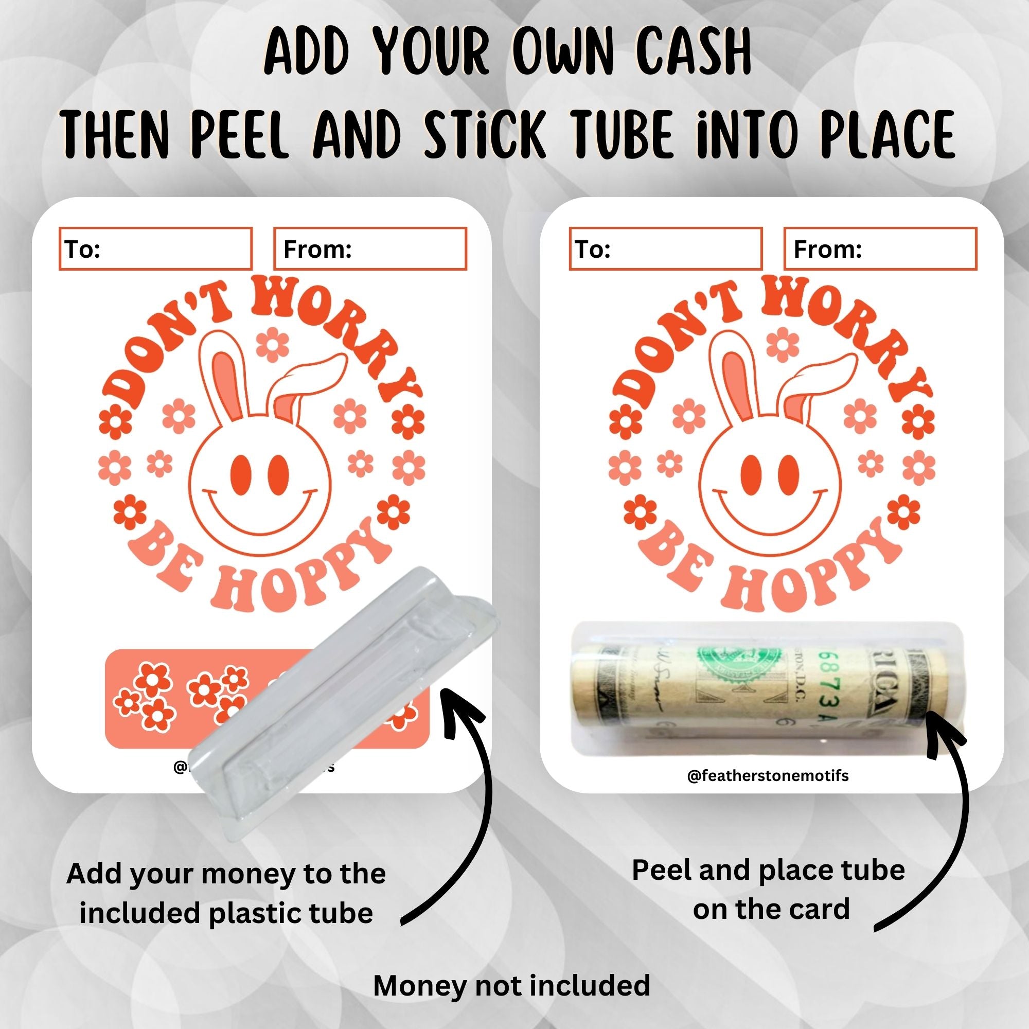 This image shows how to attach the money tube to the Be Hoppy Easter Money Card.