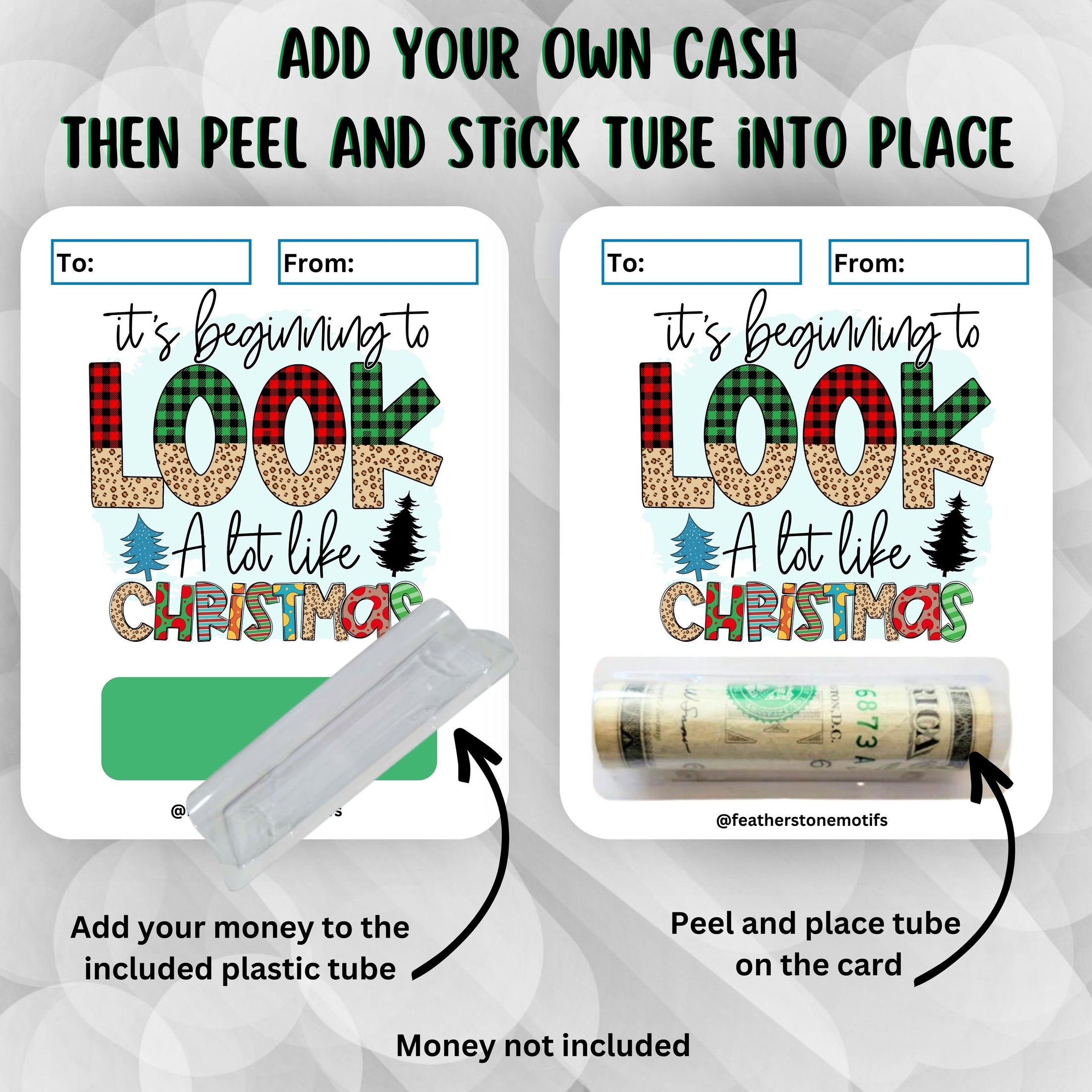 This image shows the how to attach the money tube to the Beginning to Look a lot Like Christmas Money Card.