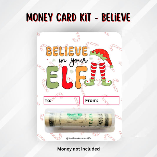This image shows the money tube attached to the Believe in your Elf Money Card.