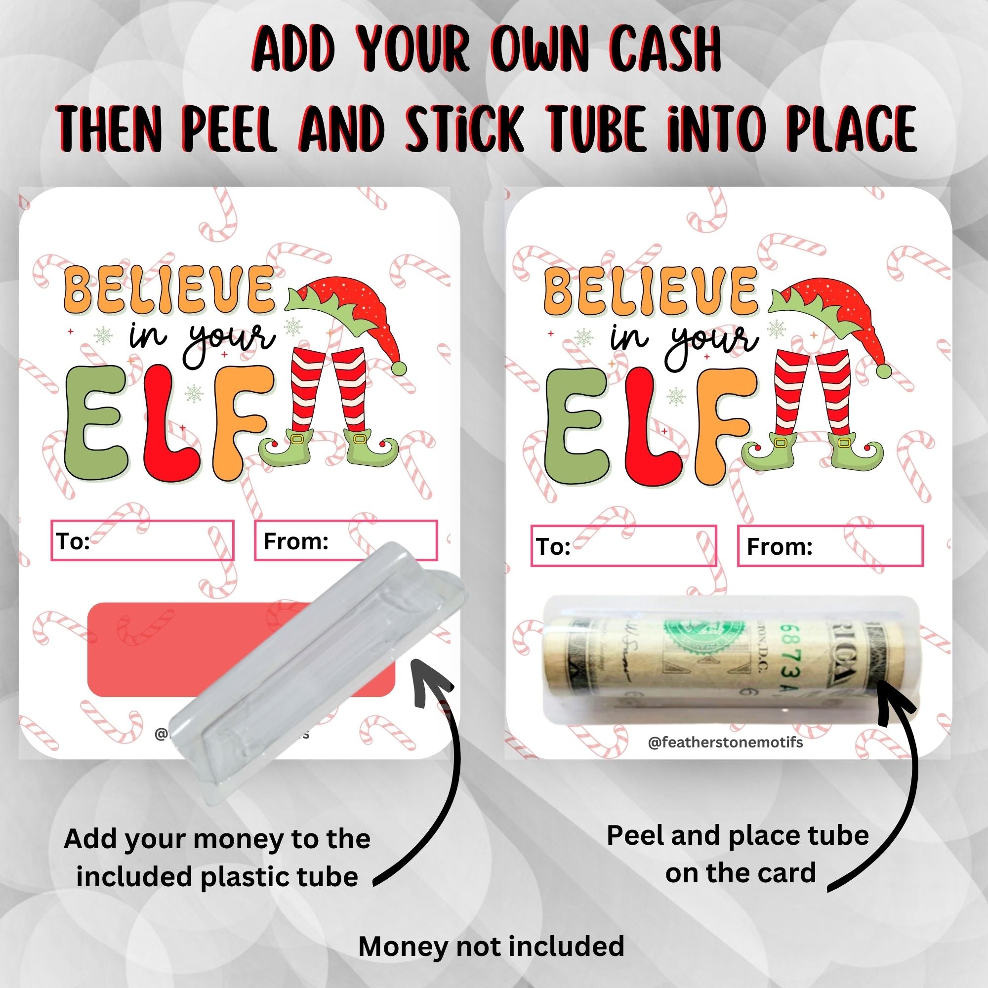 This image show how to attach the money tube to the Believe in your Elf Money Card.