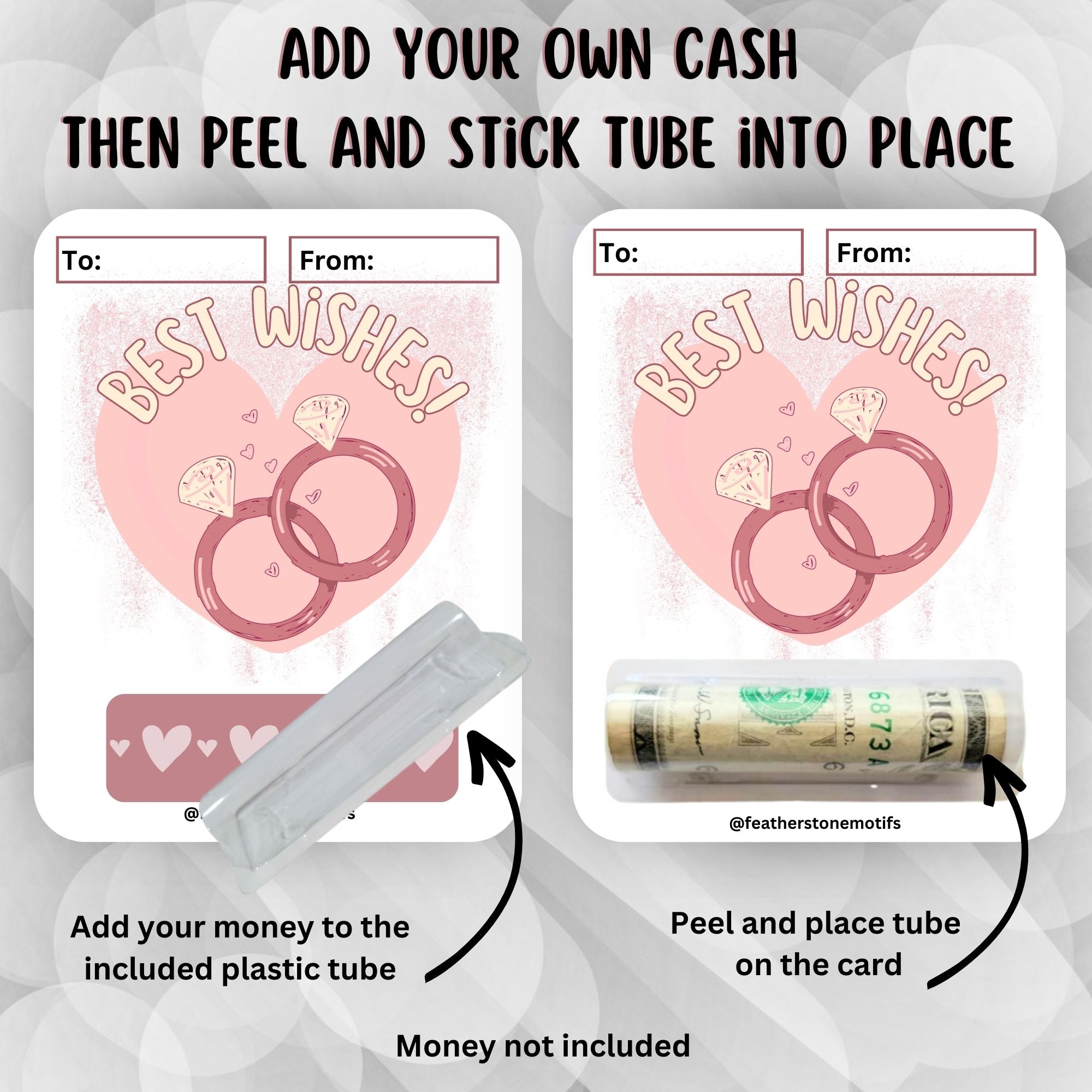 This image shows how to attach the money tube to the Best Wishes Diamond Rings Money Card Kit